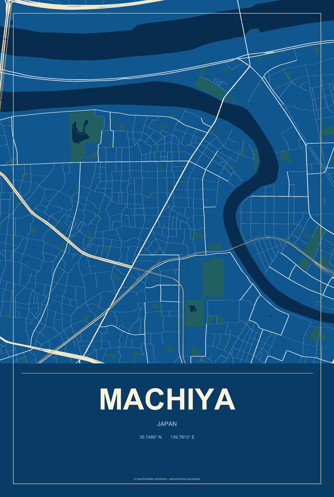 Machiya, Japan City Map Aluminum Sign in Harbor Cobalt style