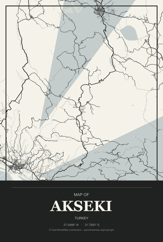 Akseki, Turkey City Map Aluminum Sign in Museum Plaque style