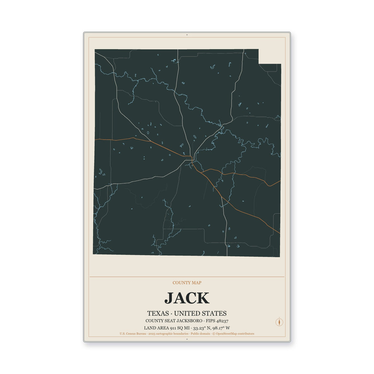 Jack County, Texas Map Aluminum Sign in Headline Atlas style