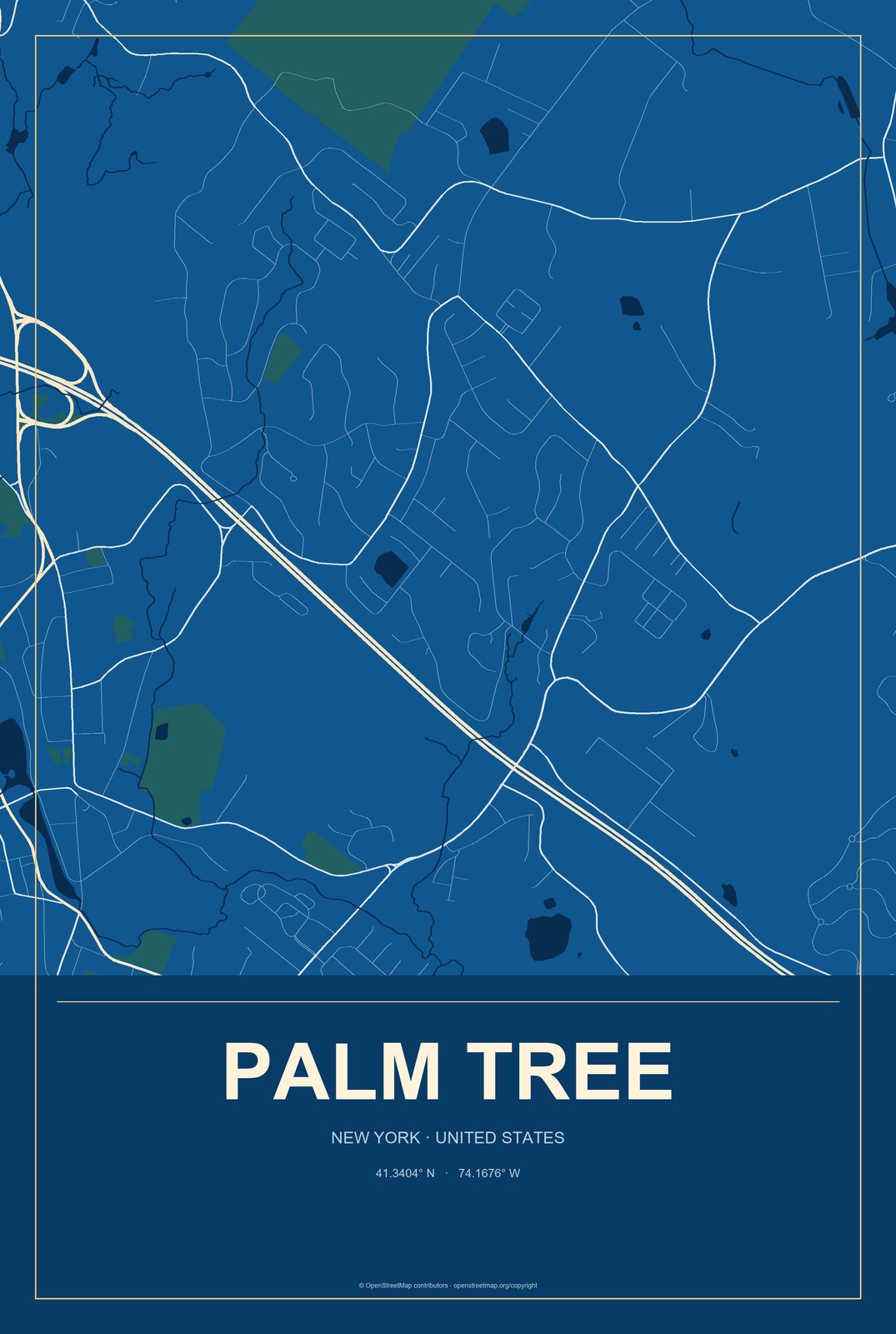 Palm Tree, New York City Map Aluminum Sign in Harbor Cobalt style