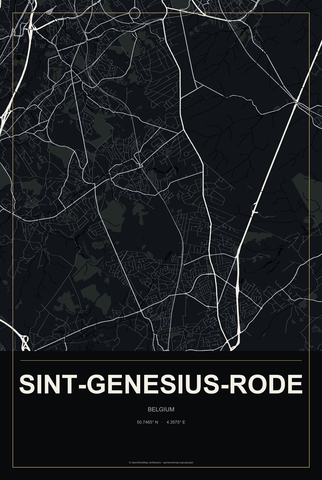 Sint-Genesius-Rode, Belgium City Map Aluminum Sign in Metropolitan Noir style