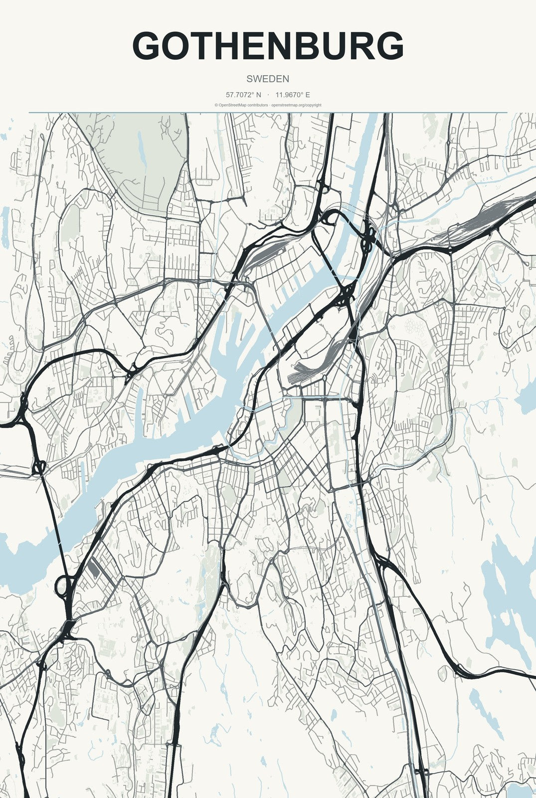 Gothenburg, Sweden City Map Aluminum Sign in Headline Atlas style