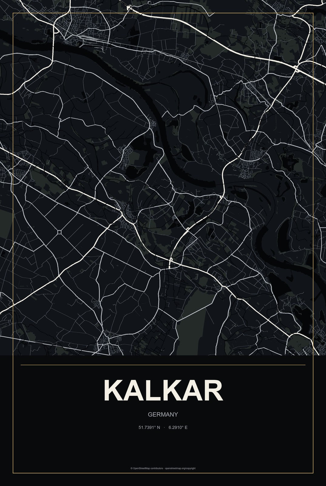 Kalkar, Germany City Map Aluminum Sign in Metropolitan Noir style