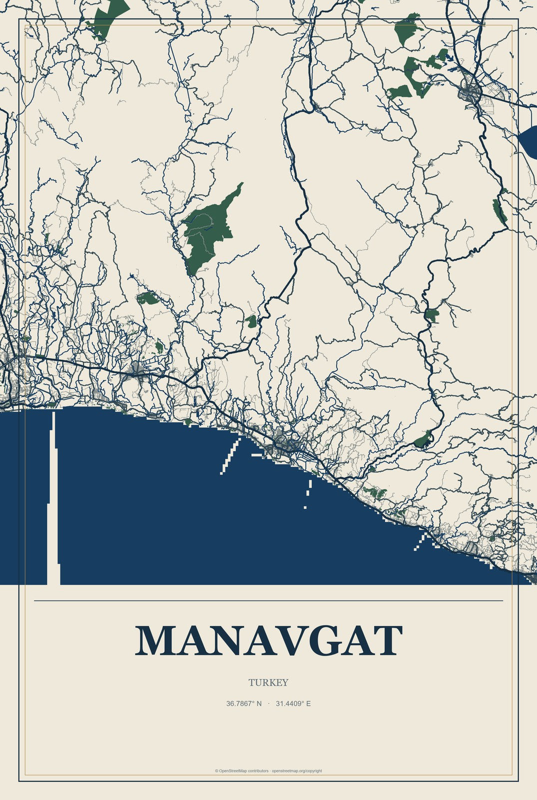 Manavgat, Turkey City Map Aluminum Sign in Coastal Cutout style