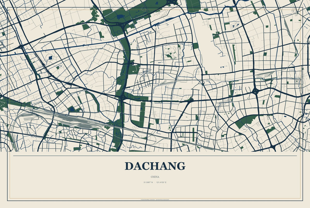 Dachang, Shanghai, China City Map Aluminum Sign in Coastal Cutout style