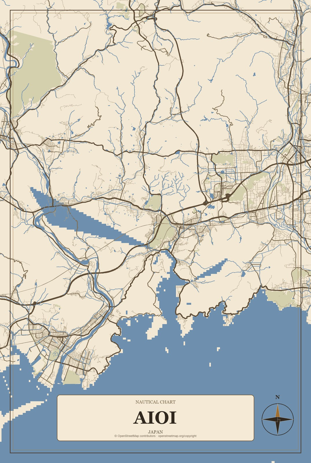 Aioi, Japan City Map Aluminum Sign in Heritage Nautical style