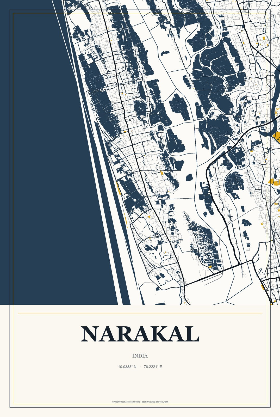 Narakal, India City Map Aluminum Sign in Citrine Modern style