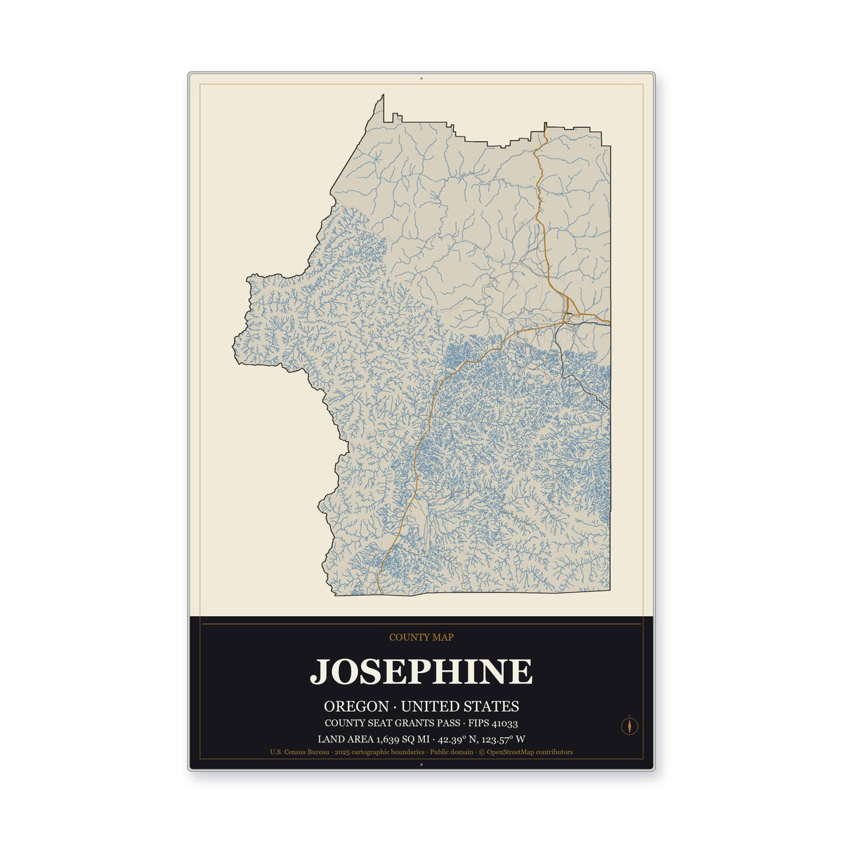 Josephine County, Oregon Map Aluminum Sign in Museum Plaque style