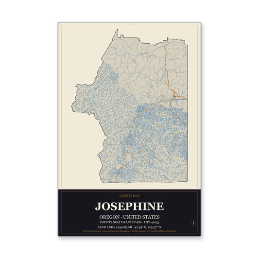 Josephine County, Oregon Map Aluminum Sign in Museum Plaque style