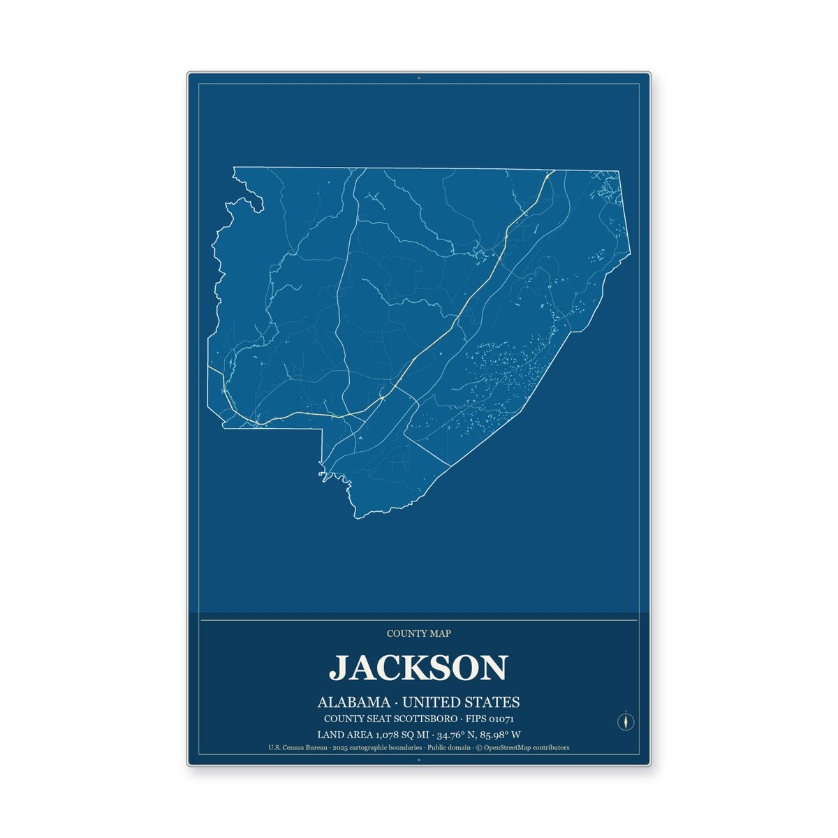Jackson County, Alabama Map Aluminum Sign in Harbor Cobalt style