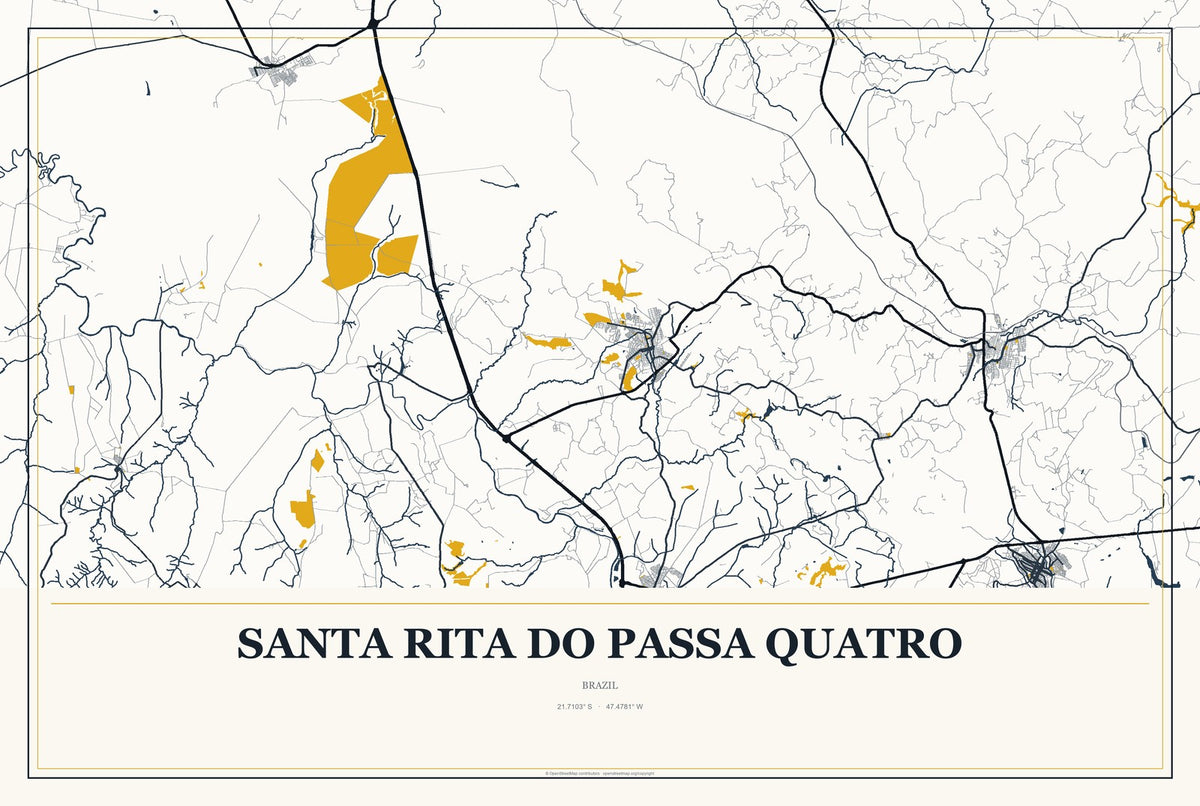 Santa Rita do Passa Quatro, Brazil City Map Aluminum Sign in Citrine Modern style