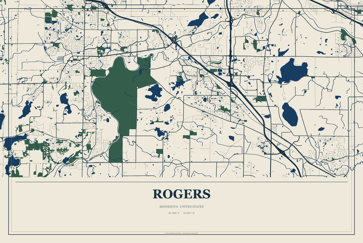 Rogers, Minnesota City Map Aluminum Sign in Coastal Cutout style