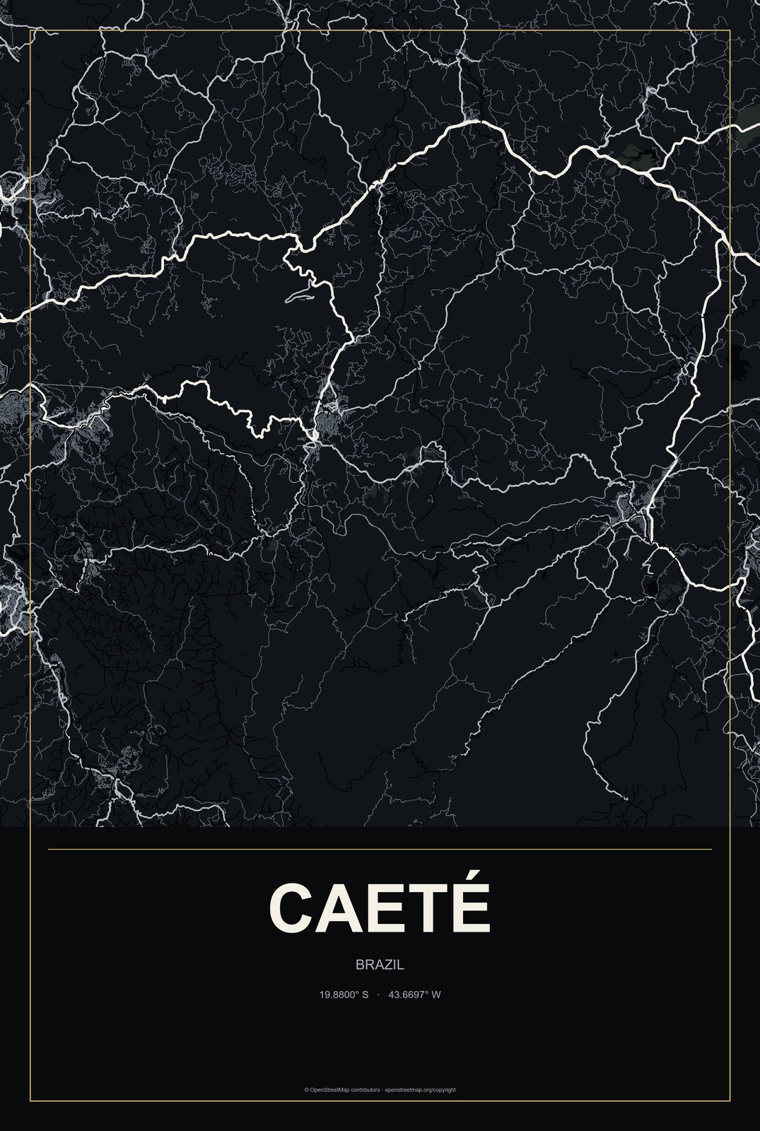 Caeté, Brazil City Map Aluminum Sign in Metropolitan Noir style