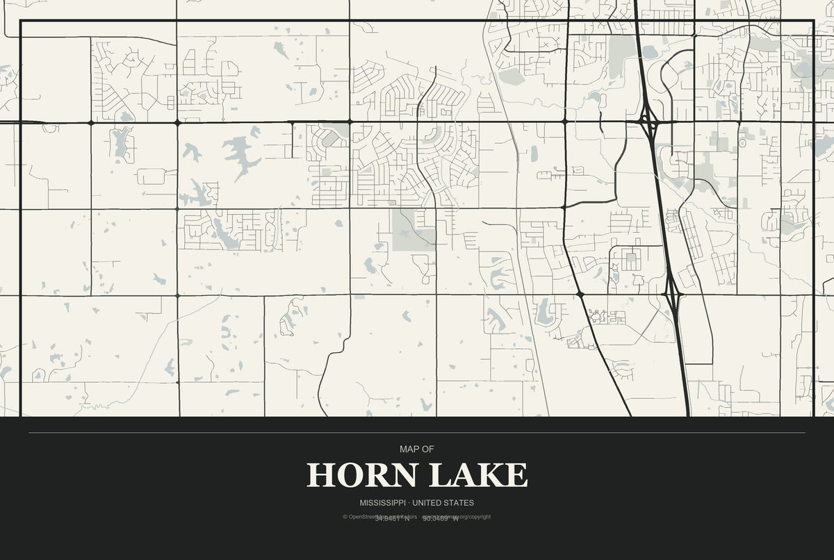 Horn Lake, Mississippi City Map Aluminum Sign in Museum Plaque style