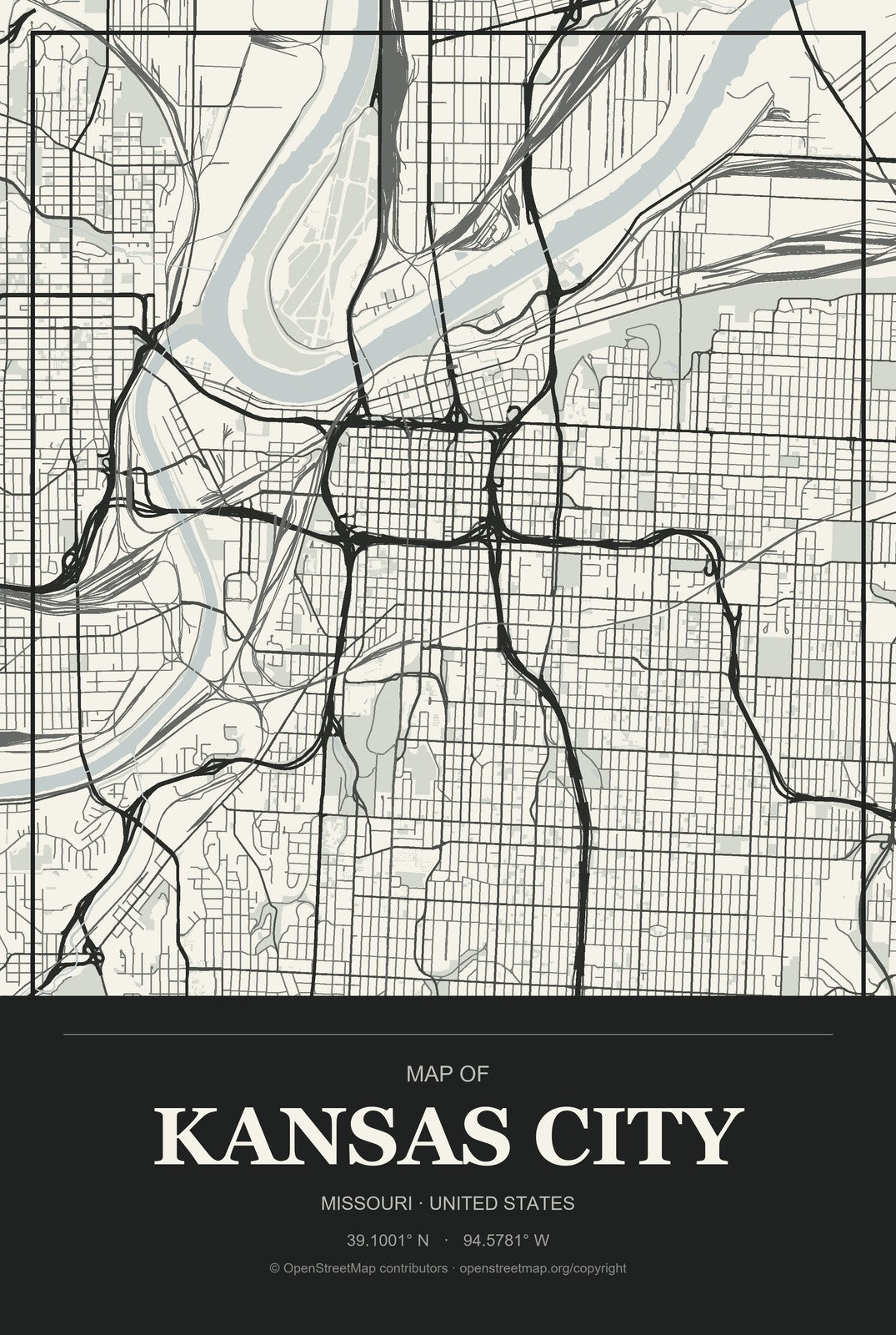 Kansas City, Missouri City Map Aluminum Sign in Museum Plaque style