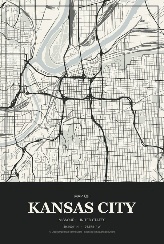 Kansas City, Missouri City Map Aluminum Sign in Museum Plaque style