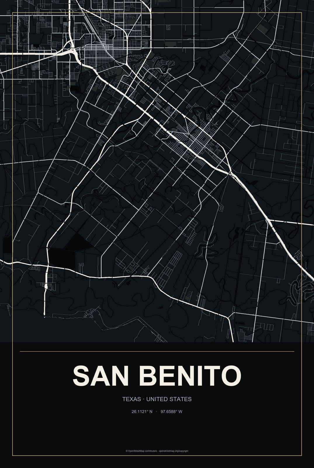 San Benito, Texas City Map Aluminum Sign in Metropolitan Noir style