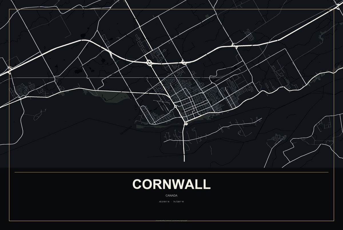 Cornwall, Canada City Map Aluminum Sign in Metropolitan Noir style