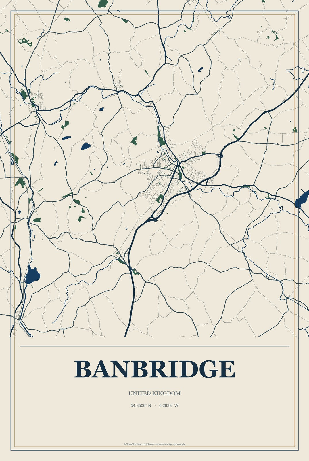 Banbridge, United Kingdom City Map Aluminum Sign in Coastal Cutout style