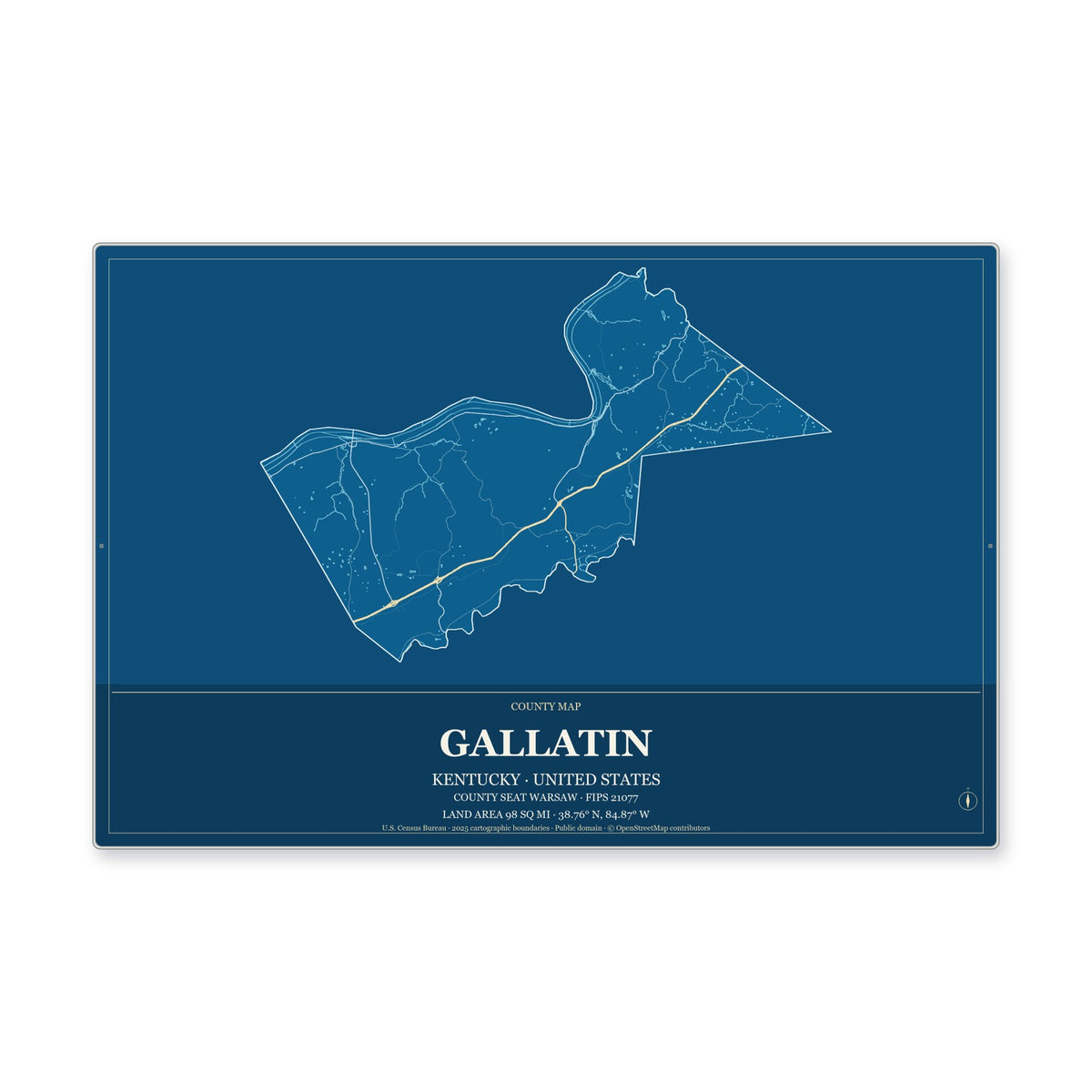 Gallatin County, Kentucky Map Aluminum Sign in Harbor Cobalt style