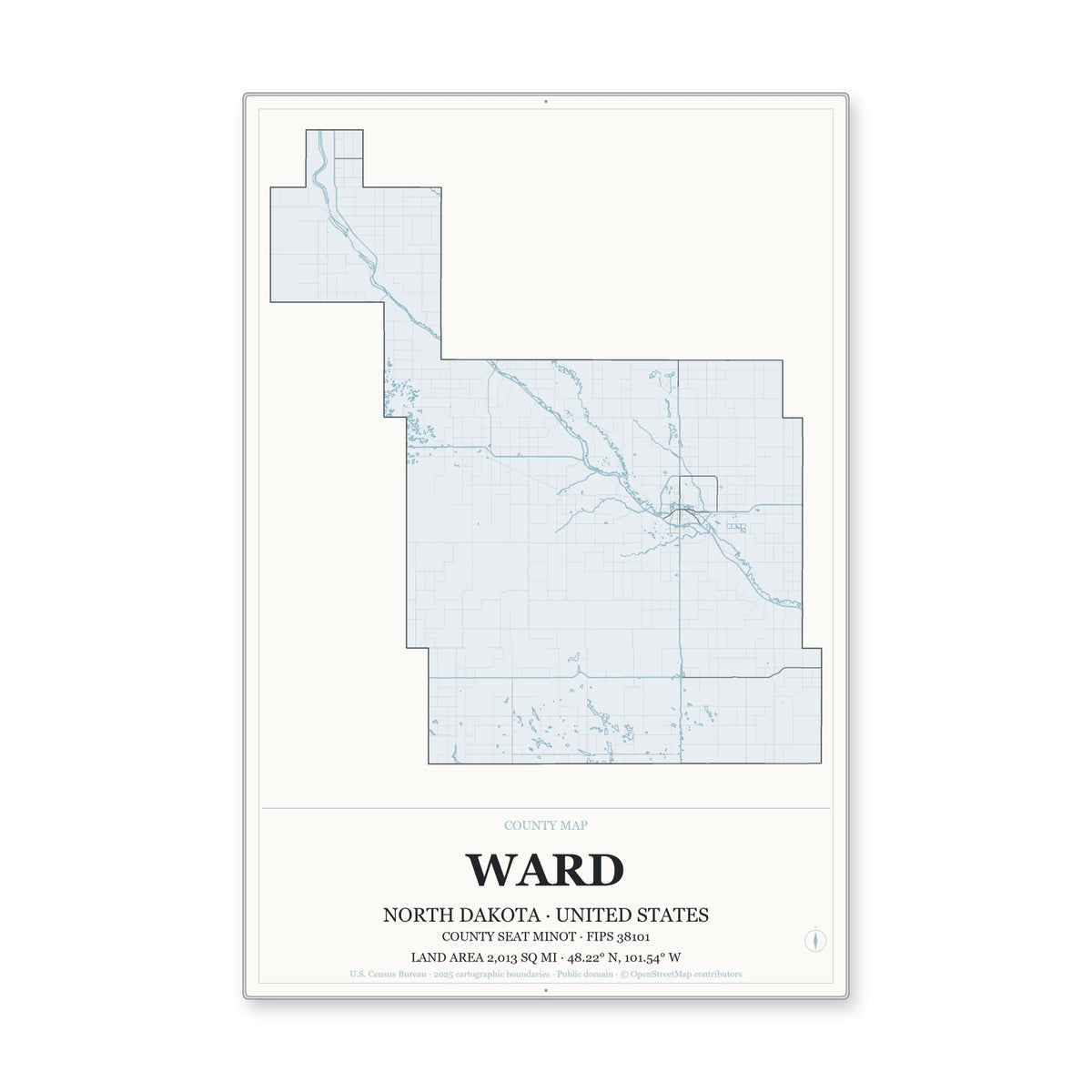 Ward County, North Dakota Map Aluminum Sign in Gallery Air style
