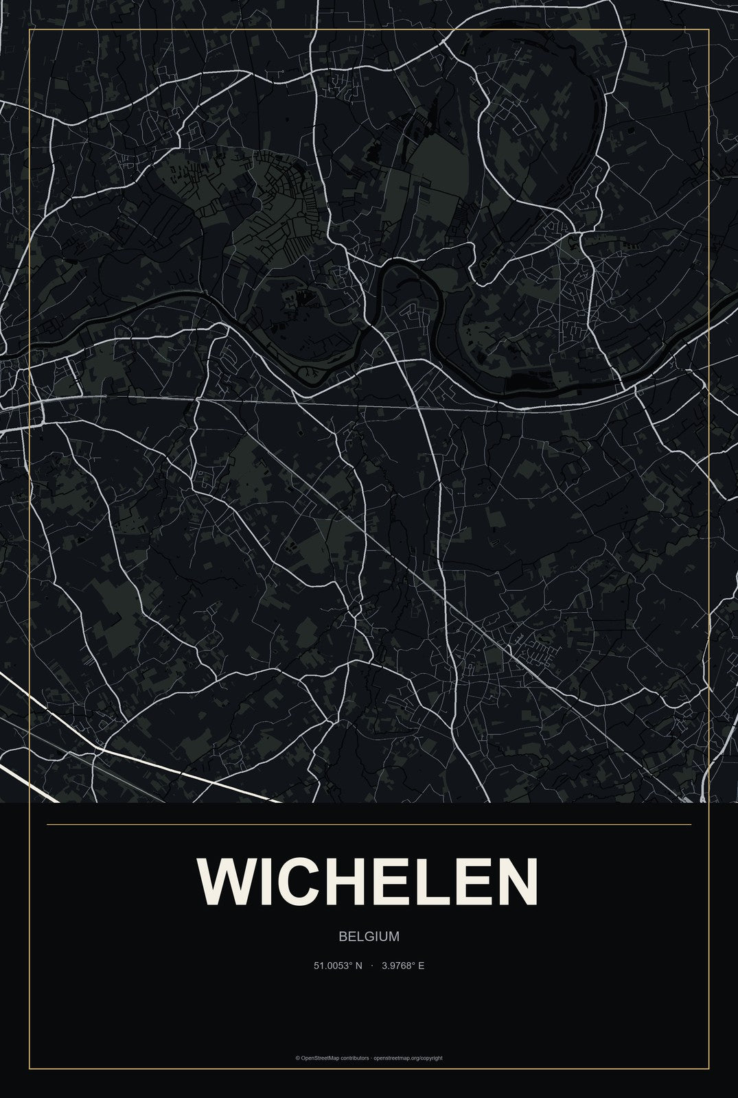 Wichelen, Belgium City Map Aluminum Sign in Metropolitan Noir style