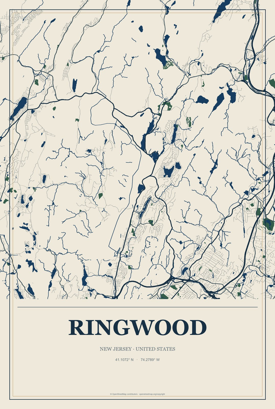 Ringwood, New Jersey City Map Aluminum Sign in Coastal Cutout style
