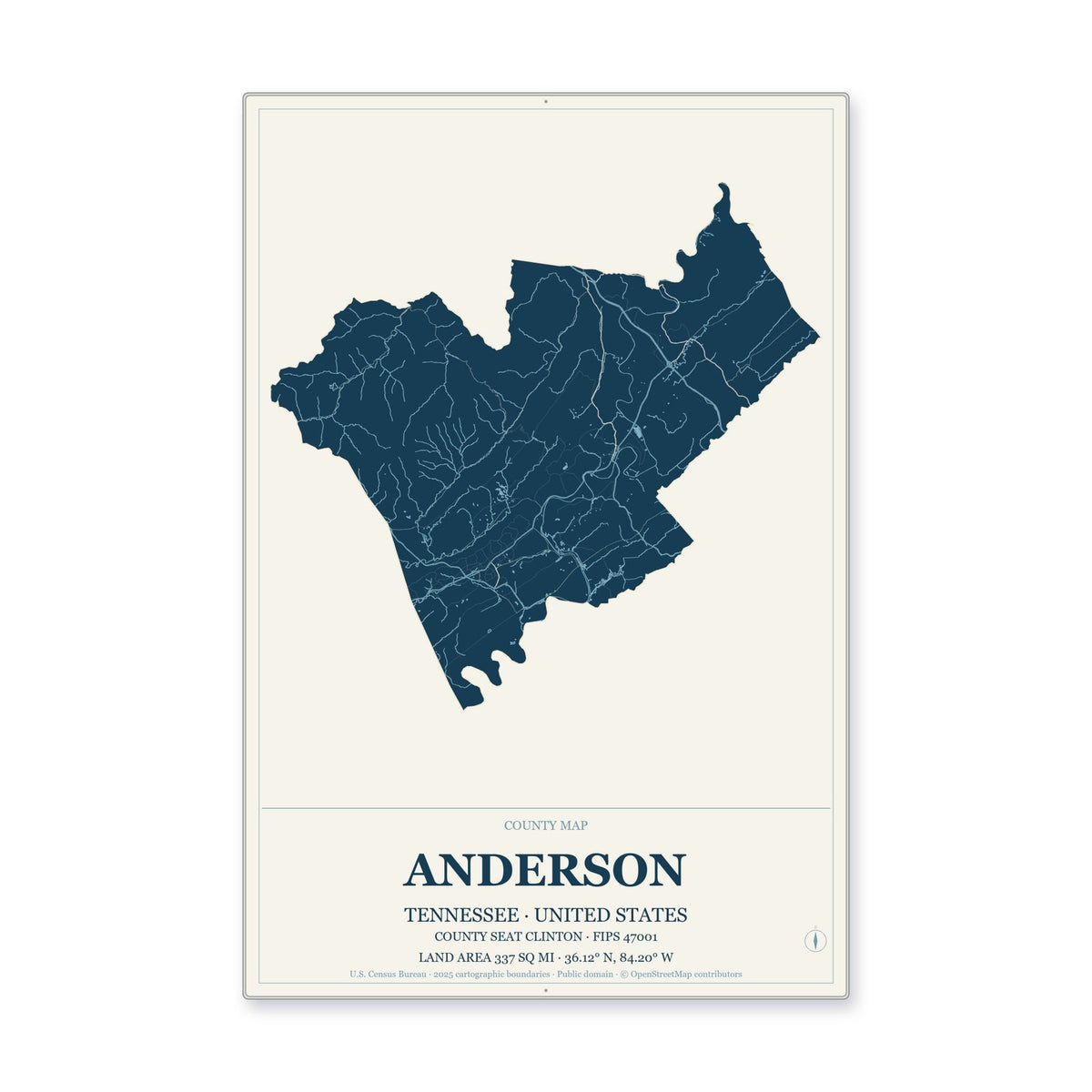 Anderson County, Tennessee Map Aluminum Sign in Coastal Cutout style