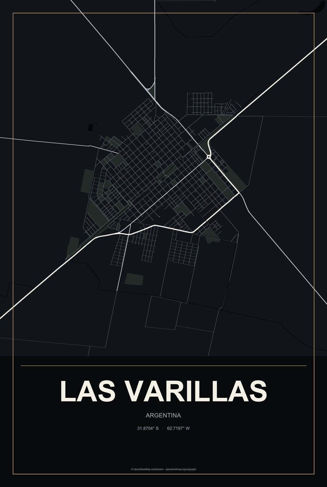 Las Varillas, Argentina City Map Aluminum Sign in Metropolitan Noir style