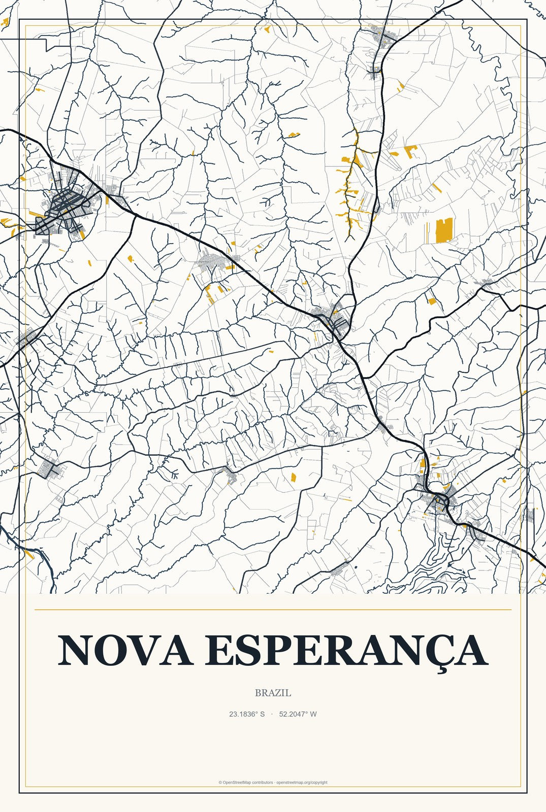 Nova Esperança, Brazil City Map Aluminum Sign in Citrine Modern style