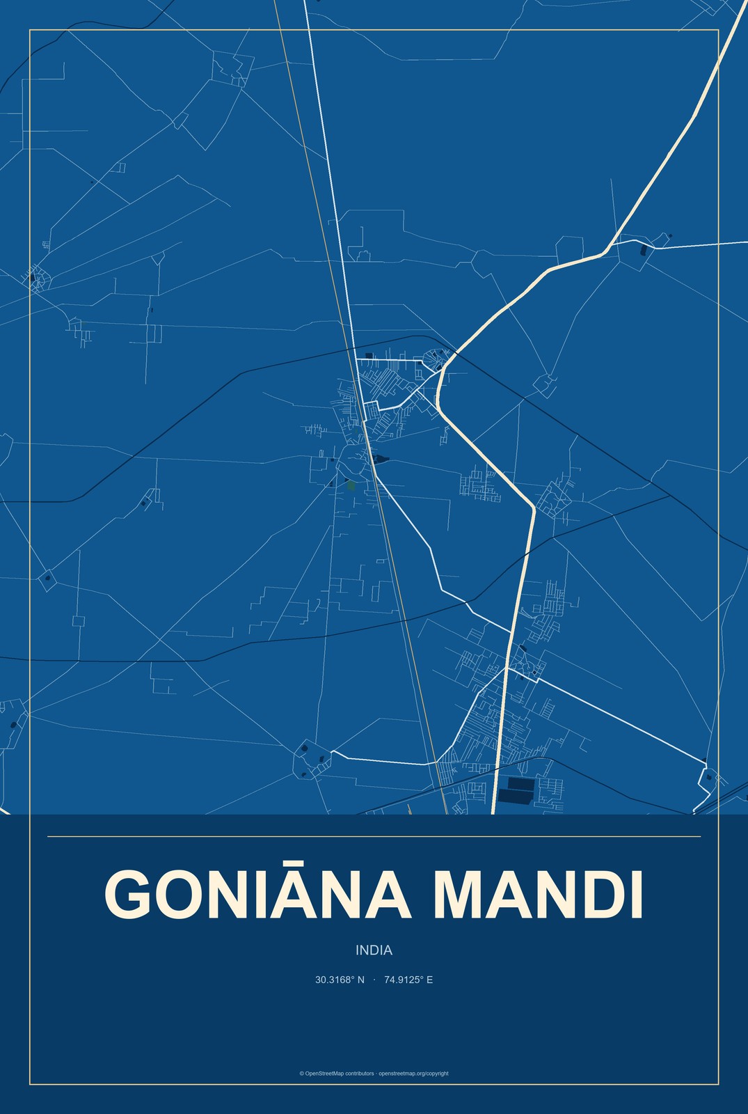 Goniāna Mandi, India City Map Aluminum Sign in Harbor Cobalt style