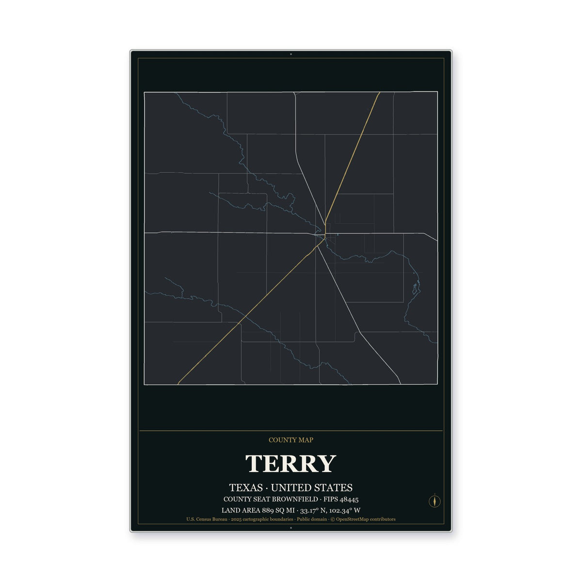 Terry County, Texas Map Aluminum Sign in Metropolitan Noir style