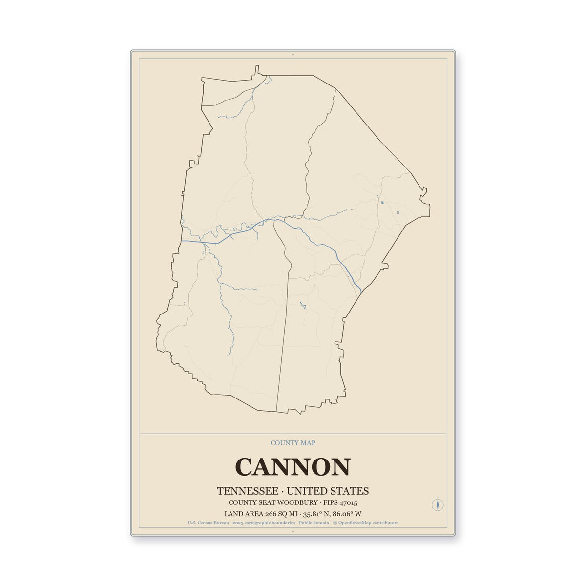 Cannon County, Tennessee Map Aluminum Sign in Heritage Nautical style