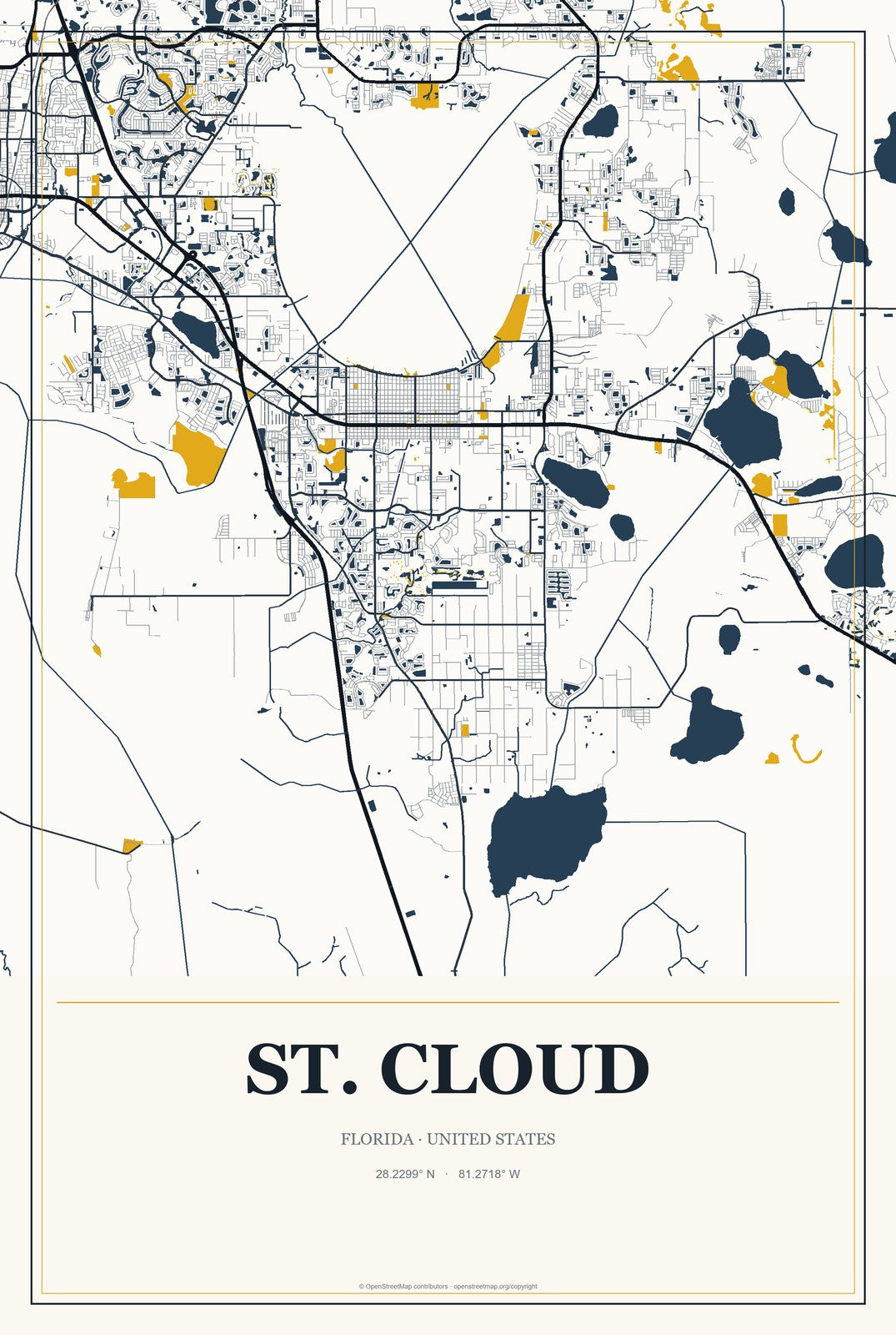 St. Cloud, Florida City Map Aluminum Sign in Citrine Modern style