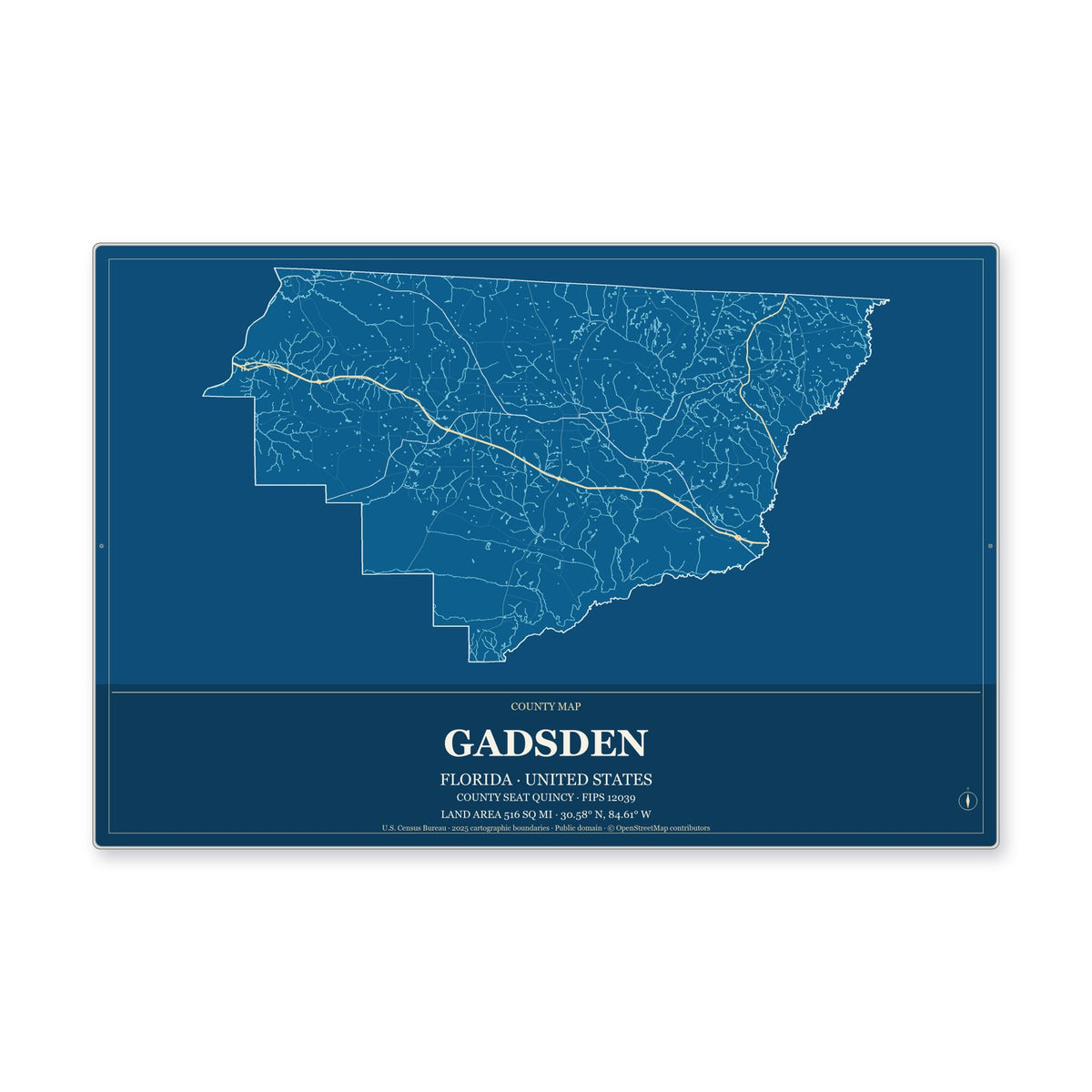 Gadsden County, Florida Map Aluminum Sign in Harbor Cobalt style