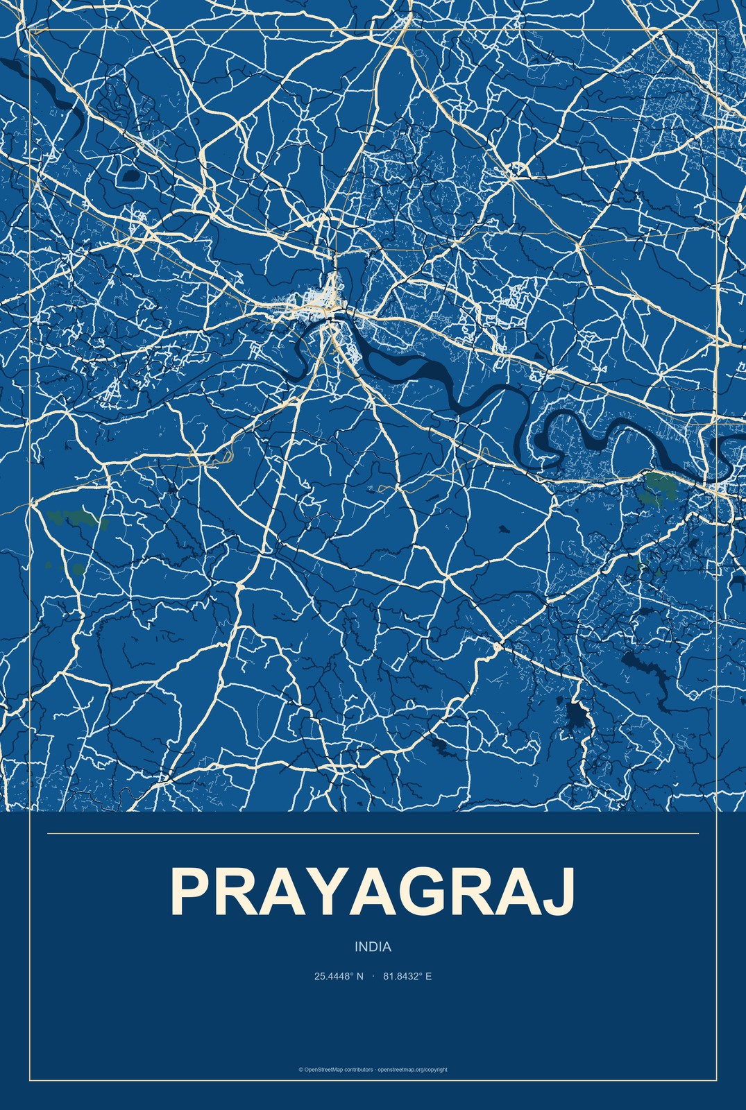 Prayagraj, India City Map Aluminum Sign in Harbor Cobalt style