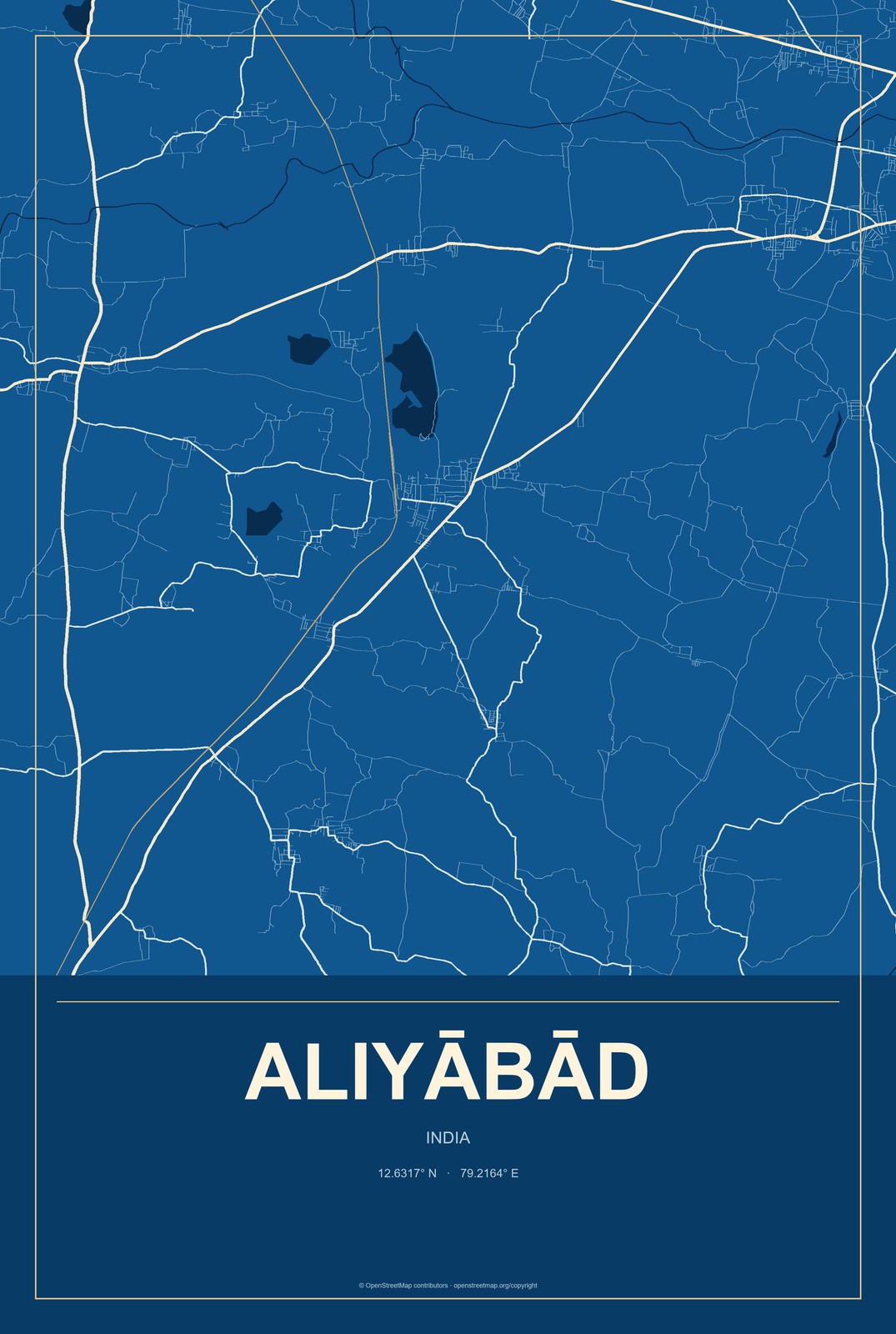 Aliyābād, India City Map Aluminum Sign in Harbor Cobalt style