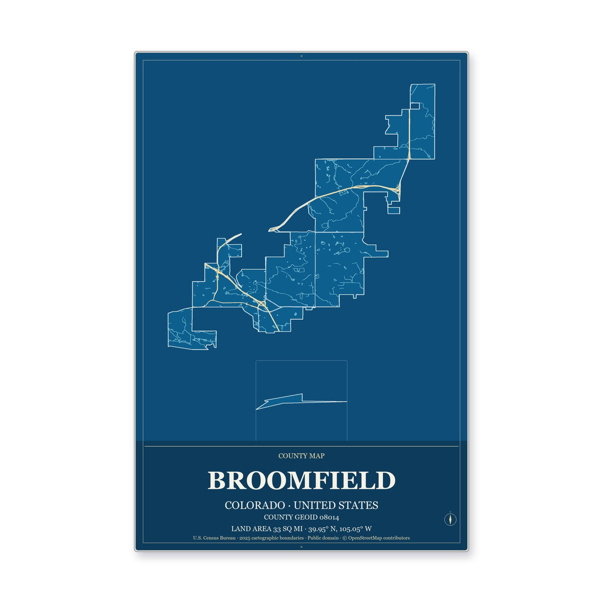 Broomfield County, Colorado Map Aluminum Sign in Harbor Cobalt style