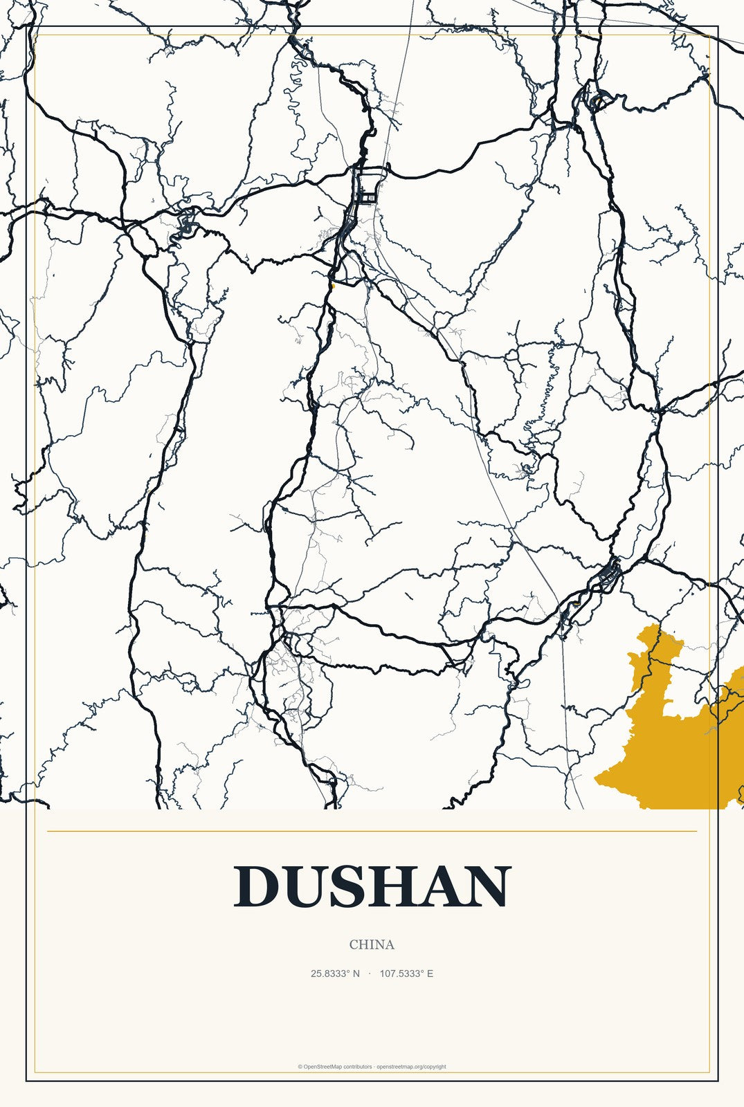 Dushan, China City Map Aluminum Sign in Citrine Modern style
