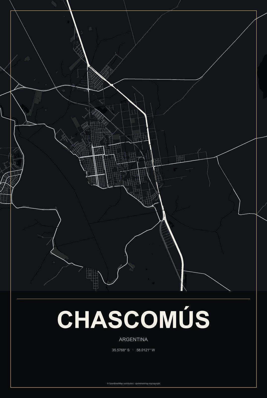 Chascomús, Argentina City Map Aluminum Sign in Metropolitan Noir style