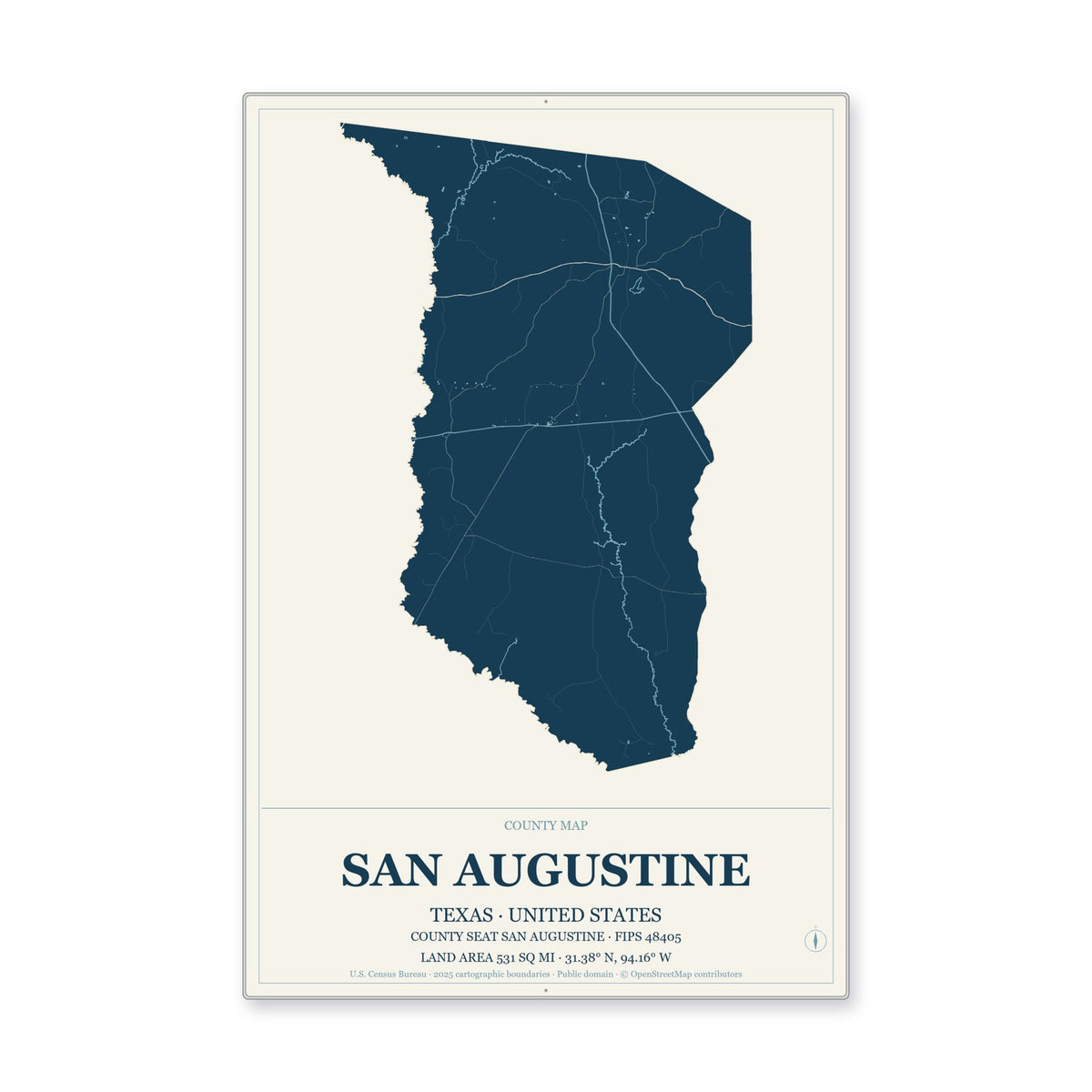 San Augustine County, Texas Map Aluminum Sign in Coastal Cutout style