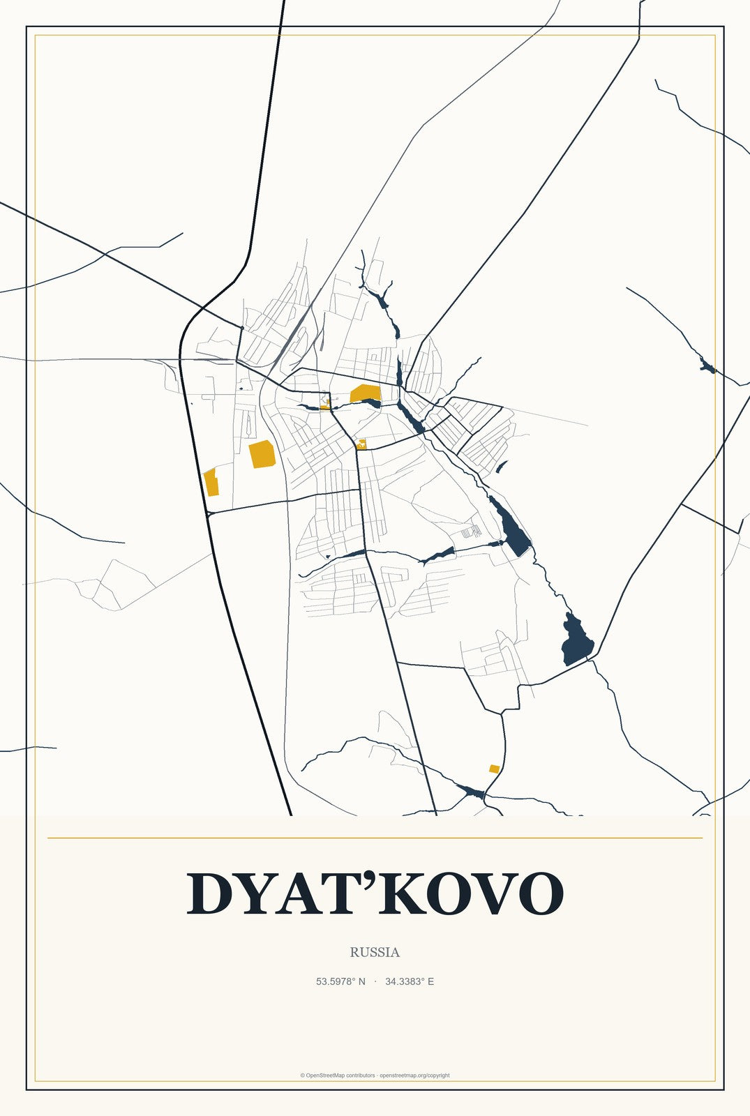 Dyat’kovo, Russia City Map Aluminum Sign in Citrine Modern style