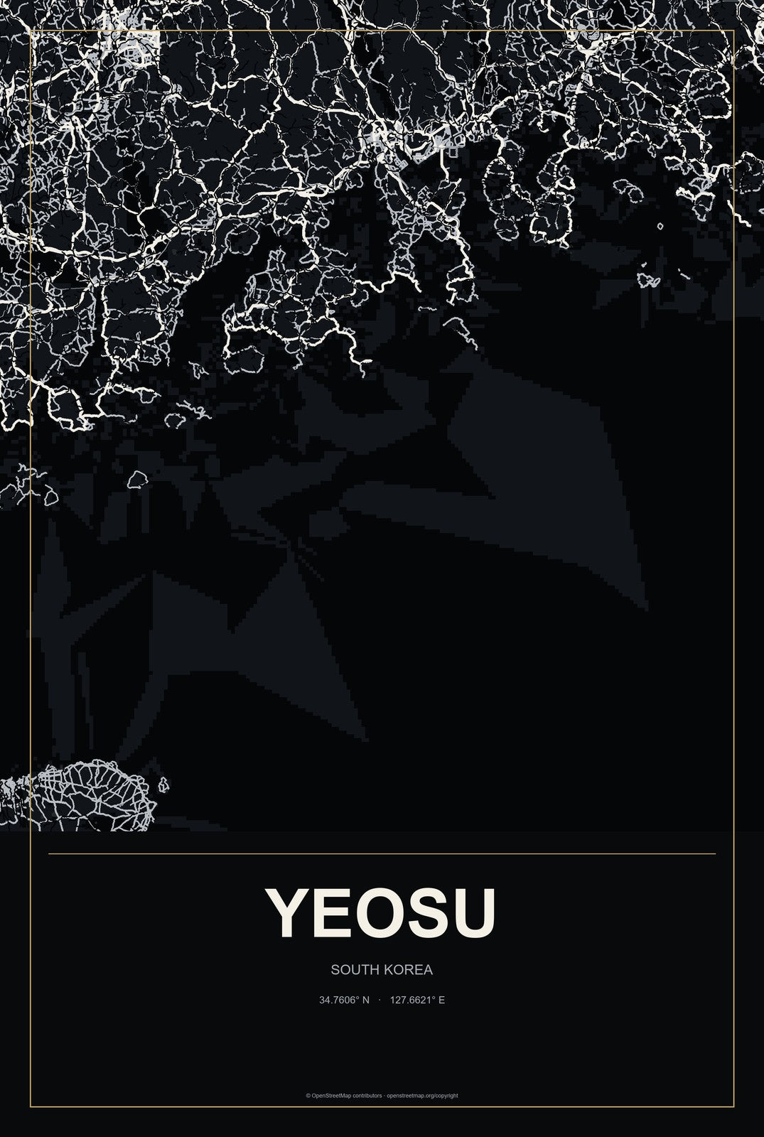 Yeosu, South Korea City Map Aluminum Sign in Metropolitan Noir style