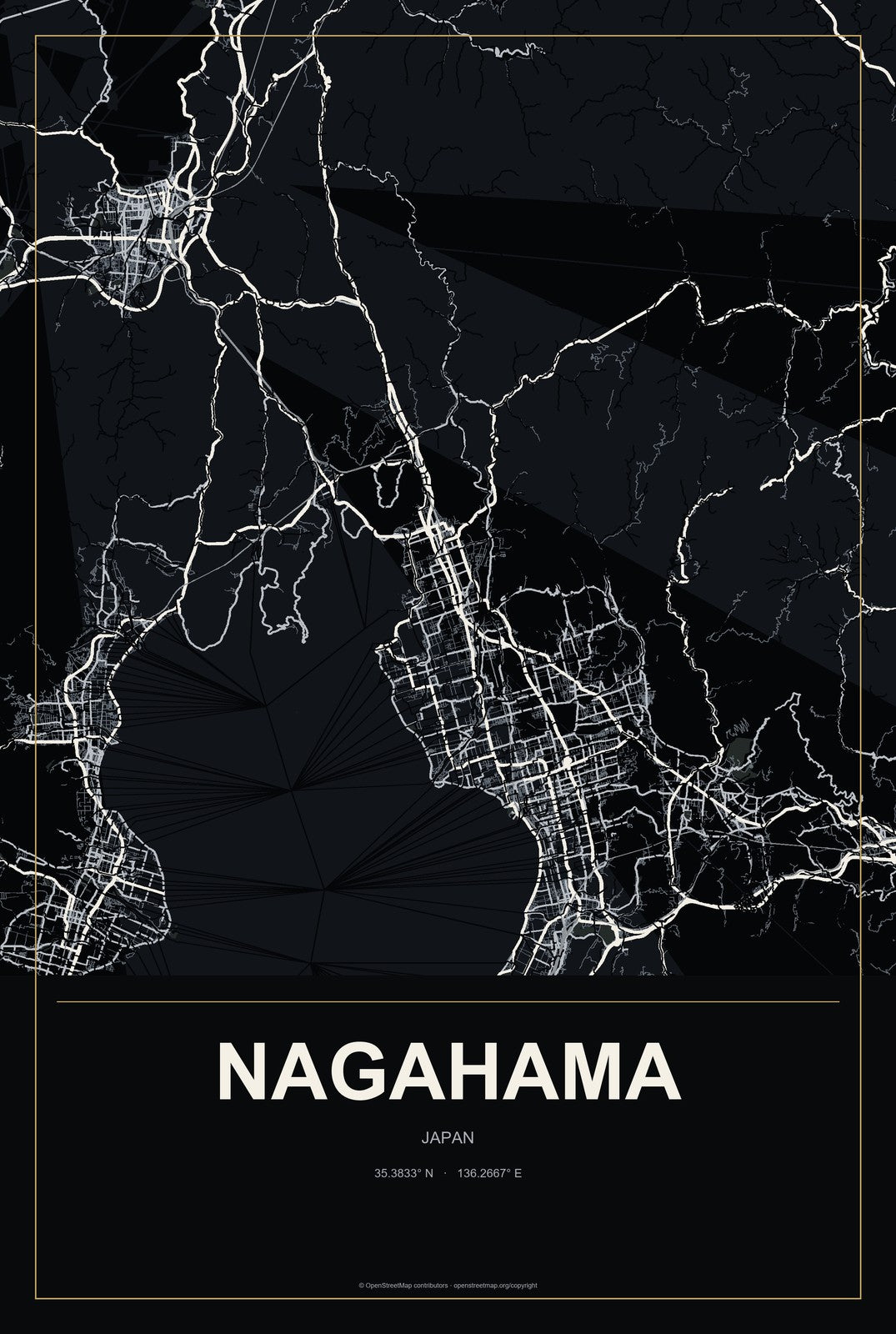 Nagahama, Japan City Map Aluminum Sign in Metropolitan Noir style