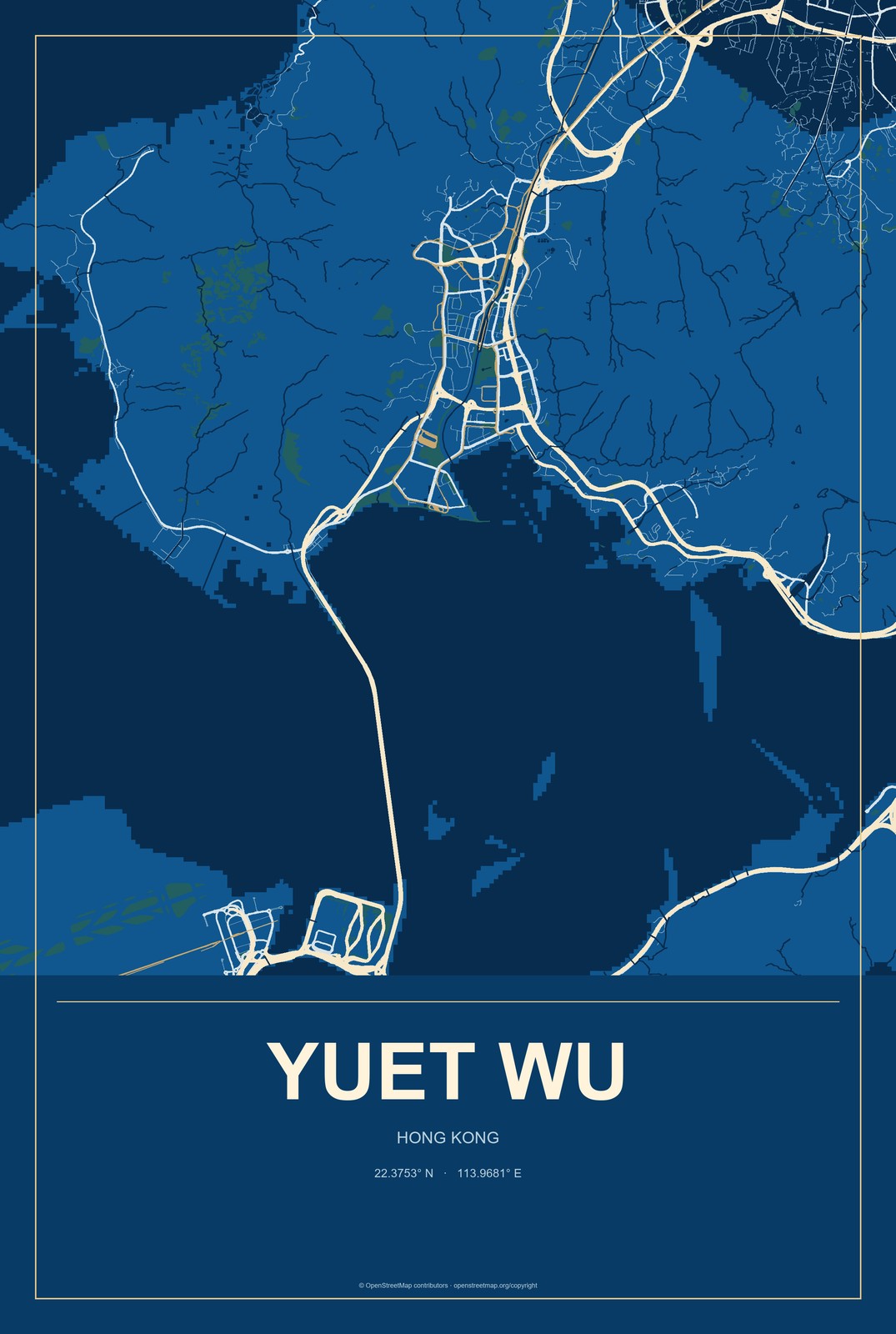 Yuet Wu, Hong Kong City Map Aluminum Sign in Harbor Cobalt style