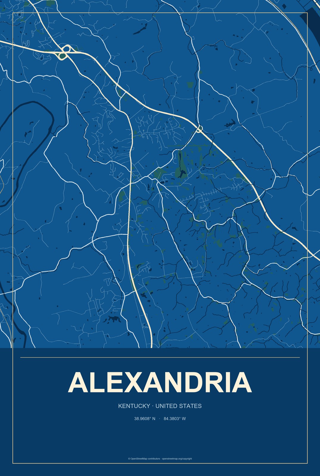 Alexandria, Kentucky City Map Aluminum Sign in Harbor Cobalt style