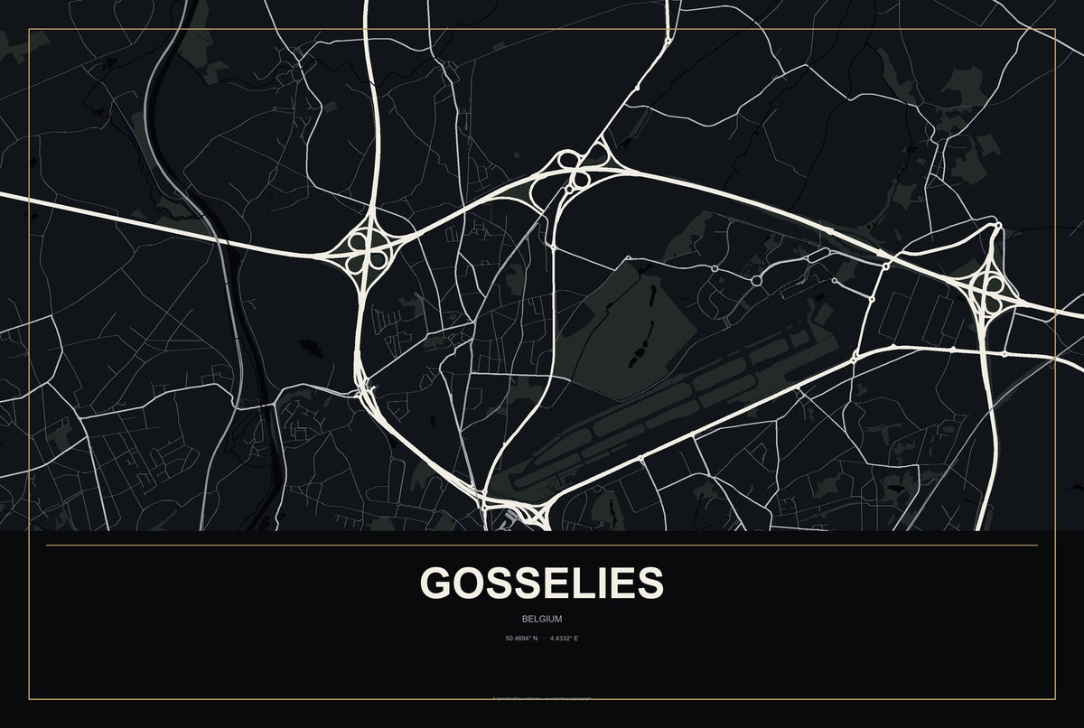 Gosselies, Belgium City Map Aluminum Sign in Metropolitan Noir style