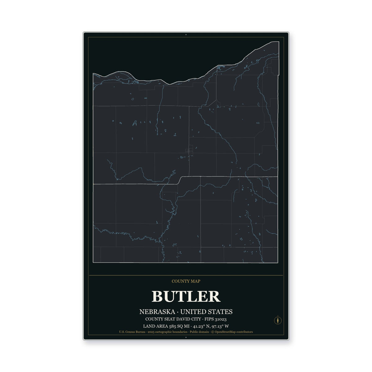 Butler County, Nebraska Map Aluminum Sign in Metropolitan Noir style