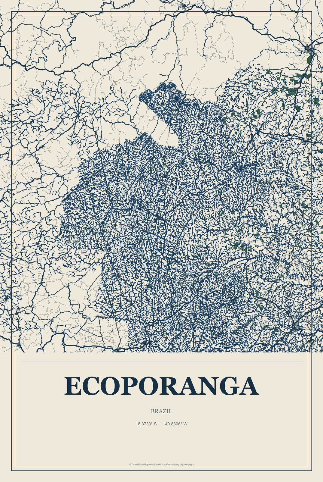 Ecoporanga, Brazil City Map Aluminum Sign in Coastal Cutout style