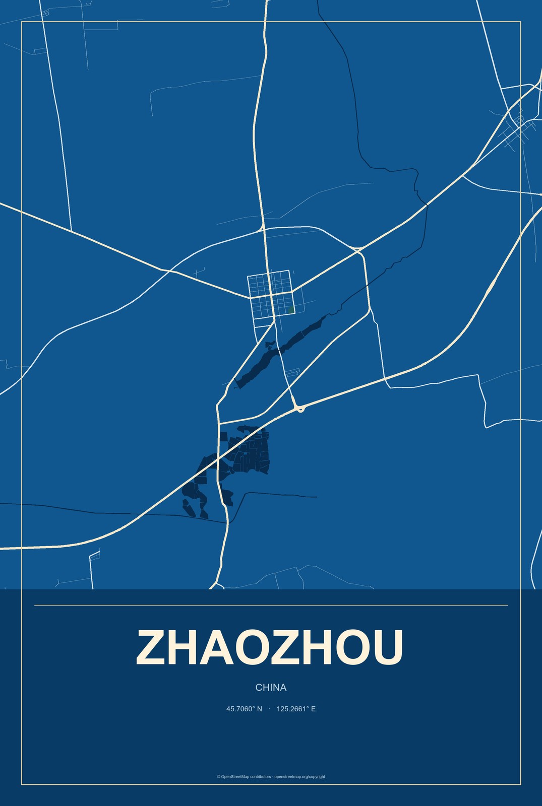 Zhaozhou, China City Map Aluminum Sign in Harbor Cobalt style